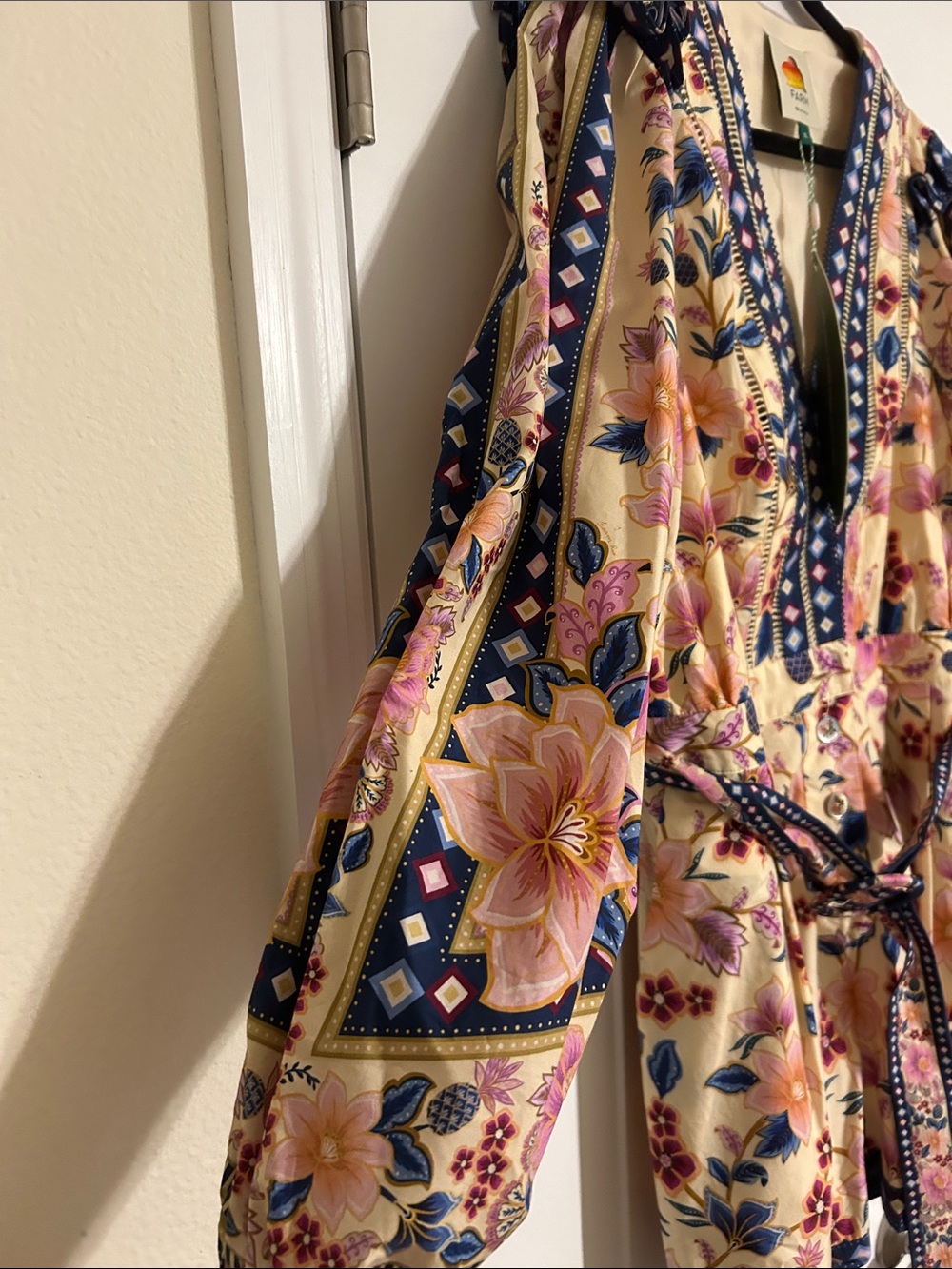FARM Rio Cream Floral V-Neck Belted Romper with Navy Trim and Pink Blooms - Picture 3 of 5